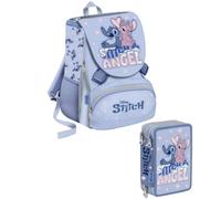 VARZI School Pack École Stitch 2 Pièces avec Sac à Dos Ergonomique et Trousse Complète 3 Zip - Kit Fille pour Élémentaires - Angel & Stitch, Stitch & Angel Bleu, M