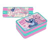 VARZI Trousse 3 compartiments 3D pour enfants, Trousse Stylo, pour Stitch et Angel Fan, triple rempli, 44 accessoires école primaire fille, 3 fermetures éclair, 20 cm