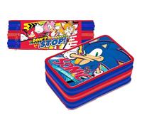 VARZI Trousse 3 compartiments, 45 pièces, pour Sonic Fan, 2 stylets, colle, ciseaux, crayons 4.0, 3 fermetures éclair, enfants, école primaire et cadeau, rouge et bleu