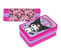 VARZI Trousse à 3 compartiments complet, pour Hello Kitty et Kuromi Fan, 44 pièces, stylos, crayons, marqueurs, crayons, ciseaux - école primaire et cadeau - Gadget officiel pour fille