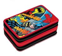 VARZI Trousse triple remplie pour Batman Fan enfants, 45 accessoires scolaires, 3 fermetures éclair, compartiments organisés, crayons, marqueurs, colle, ciseaux