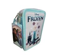 VARZI Trousse triple remplie pour enfants, 45 accessoires école primaire, 3 fermetures éclair, compartiments organisés, stylo gel effaçable bleu et rouge, La Reine des neiges., M, Moderne