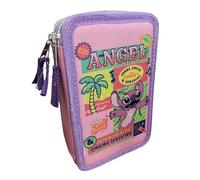 VARZI Trousse triple remplie pour enfants, 45 accessoires école primaire, 3 fermetures éclair, compartiments organisés, stylo gel effaçable bleu et rouge, Stitch Angel, M, Moderne
