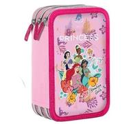 VARZI Trousse triple remplie pour enfants, 45 accessoires école primaire, 3 fermetures éclair, compartiments organisés, stylo gel effaçable bleu et rouge, princesses, M, Moderne