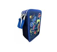 VARZI Trousse triple remplie pour enfants, 45 accessoires école primaire, 3 fermetures éclair, compartiments organisés, stylo gel effaçable bleu et rouge, Stitch, M, Moderne