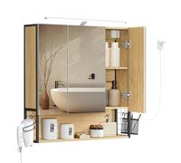 VASAGLE Armoire de Salle de Bain avec éclairage LED, 14,5 x 70 x 70 cm, Miroir 3 Portes, Meuble Mural avec Miroir, Prise, Panier, Support pour sèche-Cheveux, chêne Naturel BBK124Y01