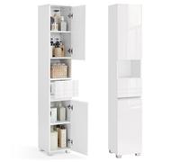 VASAGLE Armoire de Salle de Bain, Meuble de Rangement, Colonne, avec Tiroir, Étagères Réglables, Compartiments, 30 x 30 x 170 cm, Blanc BBC560P31