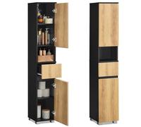 VASAGLE Armoire de Salle de Bain, Meuble de Rangement, Colonne, avec Tiroir, Étagères Réglables, Compartiments, 30 x 30 x 170,2 cm, Noir d'encre et Marron Naturel BBK560BC01