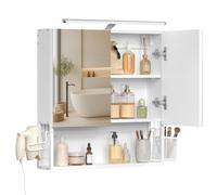 VASAGLE Armoire Murale avec Miroir, Meuble de Salle de Bain avec Lampe LED, avec Câble, Placard 2 Portes, Étagère Réglable, Porte Sèche-Cheveux, Pot, Moderne Chic, Blanc BBK224WB01