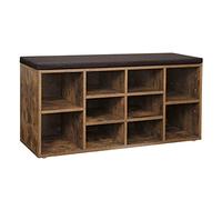 VASAGLE Banc à Chaussures, Banc de Rangement avec Coussin Rembourré, 10 Compartiments, Étagères Réglables, pour Salon, Couloir, 30 x 104 x 48 cm, Marron Rsutique et Marron LHS10BX