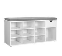 VASAGLE Banc à Chaussures, Banc de Rangement, avec Tiroir et Compartiments, Étagère à Chaussures, Siège Rembourré, Couloir, Entrée, Chambre, 30 x 104 x 48 cm, Blanc et Gris LHS24WT
