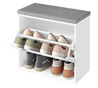 VASAGLE Banc à Chaussures Rembourré, Meuble d’Entrée sur 3 Niveaux pour 6 Paires de Chaussures, Tiroir Rabattable, 30 x 60 x 53,5 cm, pour Entrée, Chambre, Blanc Nuage et Gris Tourterelle LSB121WB01
