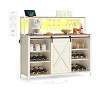 VASAGLE Bar à Café avec Multiprise, LED à Commande Vocale, Meuble Buffet avec Porte Coulissante, Crochets en S, Porte-Verres à Vin, Porte-Bouteilles, Blanc Rustique et Marron Miel LSC201WJ02