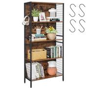 VASAGLE Bibliothèque, Étagère à 4 Niveaux, 74 x 30 x 155,5 cm | Meuble de Rangement, avec 4 Crochets en S, Cadre en Acier, Marron Rustique et Noir Mat, Collection DACEY LBC023B01
