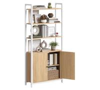 VASAGLE Bibliothèque Verticale à 6 Niveaux avec Porte | Étagères Réglables, Structure en Métal, 24 x 60 x 159,5 cm, Doré chêne et Blanc mat, Collection BARNET LLS133YA01
