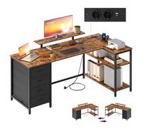 VASAGLE Bureau d’Angle en Forme de L, Prises Intégrées, Bureau Informatique, Configuration Réversible, Étagères Réglables, 4 Tiroirs, 2 Ports USB, 160 x 80 cm, Marron Rustique LWD173KD01