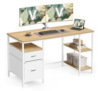 VASAGLE Bureau d’Ordinateur, 3 Étagères, 2 Tiroirs, 140 x 60 x 76 cm | Table avec Rangement, pour Bureau, Salon, Style Moderne basique, Couleur Chêne Naturel et Blanc Mat, BARNET LWD104Y01