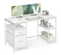 VASAGLE Bureau d’Ordinateur, 3 Étagères, 2 Tiroirs, 140 x 60 x 76 cm | Table avec Rangement, pour Bureau, Salon, Style Moderne basique, Blanc Érable et Blanc Mat, BARNET LWD104WF01