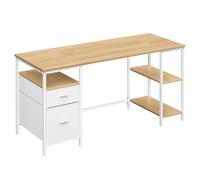 VASAGLE Bureau d’Ordinateur, Table avec Rangement, 3 Étagères, 2 Tiroirs, 160 x 60 x 76 cm, pour Bureau, Salon, Style Moderne, Couleur Chêne Naturel et Blanc Nuage LWD105YD01
