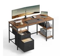VASAGLE Bureau d’Ordinateur, Table avec Rangement, 3 Étagères, 2 Tiroirs, 60 x 140 x 76 cm, pour Bureau, Salon, Style Industriel, Marron Rustique et Noir Mat LWD104B01