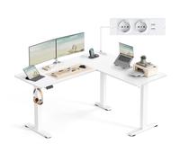 VASAGLE Bureau Électrique Réglable en Hauteur, Table d’Angle en L, 140 x 160 cm, avec Multiprise, Fonction Mémoire 2 Hauteurs, pour Télétravail, Blanc Nuage et Blanc Mat LSD264W01