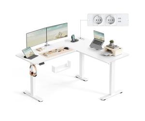 VASAGLE Bureau Électrique Réglable en Hauteur, Table d’Angle en L, 140 x 160 cm, avec Multiprise, Fonction Mémoire 2 Hauteurs, pour Télétravail, Blanc Nuage et Blanc Mat LSD264W01