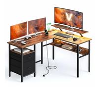 VASAGLE Bureau en L avec Multiprise, d’Angle, Informatique avec Rehausseur d’Écran, Gaming LED, 2 Tiroirs, 2 Ports USB, Facile à Monter, Marron Rustique LWD095K01