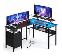 VASAGLE Bureau en L avec Multiprise, d'angle, Informatique avec Rehausseur d'Écran, Gaming LED, 2 Tiroirs, 2 Ports USB, Facile à Monter, Noir Boisé LWD095B01