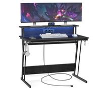 VASAGLE Bureau Gaming avec LED et Multiprise, Table Gamer, Bureau Informatique avec Rehausseur d’Écran, pour 2 Ordinateurs, pour Chambre, 60 x 100 x 76 cm, Noir Boisé LWD191B56