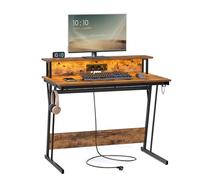 VASAGLE Bureau Gaming avec LED et Multiprise, Table Gamer, Bureau Informatique avec Rehausseur d’Écran, pour 2 Ordinateurs, pour Chambre, 60 x 100 x 76 cm, Marron Rustique LWD191K01