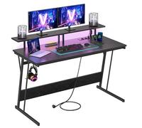 VASAGLE Bureau Gaming avec LED et Multiprise, Table Gamer, Bureau Informatique avec Rehausseur d’Écran, pour 2 Ordinateurs, Chambre, 120 x 55 cm, Noir Boisé LWD192B56V2