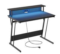 VASAGLE Bureau Gaming avec LED et Multiprise, Table Gamer, Bureau Informatique avec Rehausseur d’Écran, pour 2 Ordinateurs, pour Chambre, 60 x 100 x 76 cm, Noir Carbone LWD191B02
