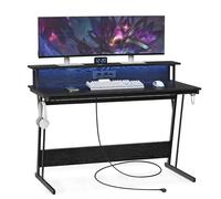 VASAGLE Bureau Gaming avec LED et Multiprise, Table Gamer, Bureau Informatique avec Rehausseur d’Écran, pour 2 Ordinateurs, pour Chambre, 55 x 135 x 76 cm, Noir Boisé LWD117B01