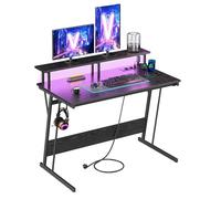 VASAGLE Bureau Gaming avec LED et Multiprise, Table Gamer, Bureau Informatique avec Rehausseur d’Écran, pour 2 Ordinateurs, Chambre, 100 x 55 cm, Noir Boisé LWD191B56V2
