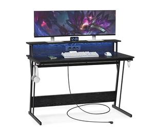 VASAGLE Bureau Gaming avec LED et Multiprise, Table Gamer, Bureau Informatique avec Rehausseur d’Écran, pour 2 Ordinateurs, pour Chambre, 60 x 120 x 76 cm, Noir Boisé LWD192B56