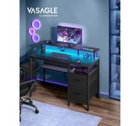 VASAGLE Bureau Gaming avec Lumières LED et Multiprise, Bureau Informatique avec Support d'Écran, Table avec Rangement, 2 Tiroirs en Tissu, 2 Ports USB, pour Bureau Blanc Érable