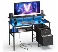 VASAGLE Bureau Gaming, avec Tiroirs en Tissu, Table Informatique avec Support d'Écran, Lumières LED, 55 x 120 x 90 cm, Multiprise, 2 Ports USB, pour Bureau à Domicile, Noir Boisé LWD093B01