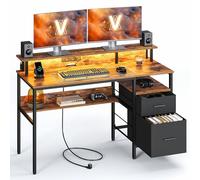 VASAGLE Bureau Gaming, avec Tiroirs en Tissu, Table Informatique avec Support d'Écran, Lumières LED, 55 x 135 x 90 cm, Multiprise, 2 Ports USB, pour Bureau à Domicile, Marron Rustique LWD094K02