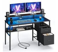 VASAGLE Bureau Gaming, avec Tiroirs en Tissu, Table Informatique avec Support d'Écran, Lumières LED, 55 x 135 x 90 cm, Multiprise, 2 Ports USB, pour Bureau à Domicile, Noir Boisé LWD094B56