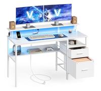VASAGLE Bureau Gaming, avec Tiroirs en Tissu, Table Informatique avec Support d'Écran, Lumières LED, 55 x 135 x 90 cm, Multiprise, 2 Ports USB, pour Bureau à Domicile, Blanc Érable LWD094W01