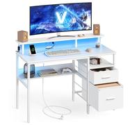 VASAGLE Bureau Gaming, avec Tiroirs en Tissu, Table Informatique avec Support d'Écran, Lumières LED, 55 x 120 x 90 cm, Multiprise, 2 Ports USB, pour Bureau à Domicile, Blanc Érable LWD093W01