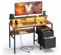 VASAGLE Bureau Gaming, avec Tiroirs en Tissu, Table Informatique avec Support d'Écran, Lumières LED, 55 x 120 x 90 cm, Multiprise, 2 Ports USB, pour Bureau à Domicile, Marron Rustique LWD093K01