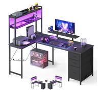 VASAGLE Bureau Gaming d'angle Réversible, Prises USB & LED, Table en L Étagères, Support d'Écran 3 Tiroirs Rangement, 160 x 100 cm, Travail Domicile & Gaming, Noir Boisé et Noir Mat LWD163B101