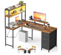VASAGLE Bureau Gaming d'angle Réversible, Prises USB & LED, Table en L Étagères, Support d'Écran 3 Tiroirs Rangement, 160 x 100 cm, Travail Domicile & Gaming, Marron Rustique et Noir Mat LWD163K101
