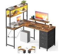 VASAGLE Bureau Gaming d'angle Réversible, Prises USB & LED, Table en L Étagères, Support d'Écran 3 Tiroirs Rangement, 140 x 100 cm, Travail Domicile & Gaming, Marron Rustique et Noir Mat LWD162K101