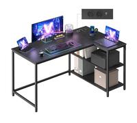 VASAGLE Bureau Gaming en L, Bureau avec Rangement, Étagères Réversibles à Hauteur Réglable, pour Domicile, avec Prises de Courant et 2 Ports USB, 120 x 80 cm, Noir Boisé LWD132BE01
