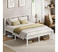 VASAGLE Cadre de Lit 140 x 190 cm avec Sommier, Tête de Lit, en Métal, Supporte Jusqu'à 500 kg, Montage Facile, pour Chambre, Blanc Mat RMB293W101