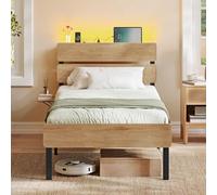 VASAGLE Cadre de Lit 90 x 190, Sommier Métal, Éclairage LED, Port USB | Lit 1 Personne, TYPE-C, Espace de Rangement sous Le Lit, Marron naturel, Collection Barnet RMB101K01