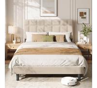 VASAGLE Cadre de Lit Double 140x190 cm, Tête de Lit Gaufre Rembourrée Ajustable, Métal & Bois Massif, Moderne, Beige Cappuccino RMB183L101