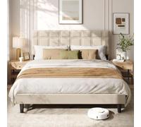 VASAGLE Cadre de Lit Double 160x200 cm, Tête de Lit Gaufre Rembourrée Ajustable, Métal & Bois Massif, Moderne, Beige Cappuccino RMB185L101